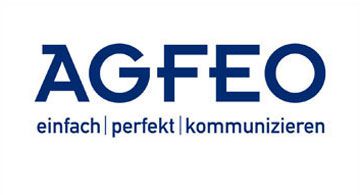 AGFEO Logo mit dem Slogan „einfach | perfekt | kommunizieren“ in blauer Schrift auf weißem Hintergrund.